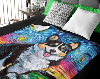 Velveteen Minky Blanket - Tri Color Corgi Starry Night Dog Art By Aja Home Decor Choose from 3 sizes Free US Shipping