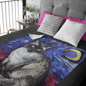 Minky Blanket Siamese Cat Starry Night Throw Blanket Feline Home Decor Cat Lover Gift 3 sizes Soft Bedding Cuddly Velveteen Kitty Blankie