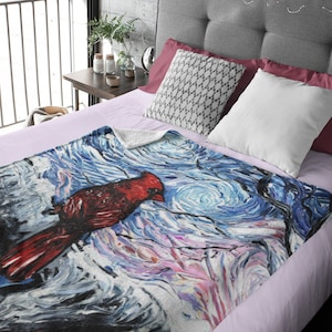 Minky Blanket  Cardinal Winter Bird Art By Aja Seasonal Home Decor Choose from 3 sizes Free US Shipping