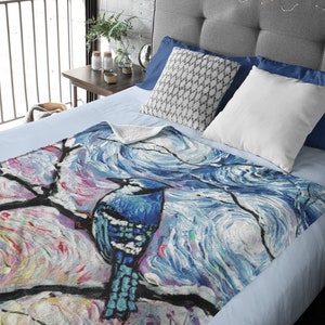 Minky Blanket Blue Jay Winter Bird Throw Blanket Seasonal Home Decor Bird Lover Gift 3 sizes Bedding Velveteen Corvid Blankie Cottagecore