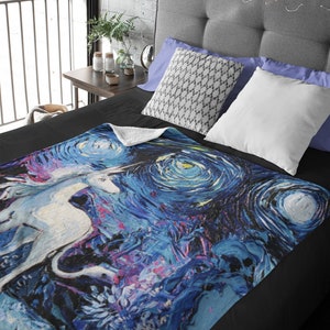 Velveteen Minky Blanket - Unicorn Starry Night Fantasy Art By Aja Home Decor Choose from 3 sizes Free US Shipping