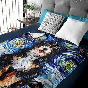 Velveteen Minky Blanket  Bernedoodle Starry Night Dog Art By Aja Home Decor Choose from 3 sizes Free US Shipping