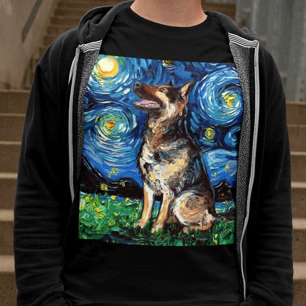 Shirt - German Shepherd Starry Night Dog Short-Sleeve Unisex T-Shirt Art by Aja Soft top clothing Tee Top Animal Artwork Apparel