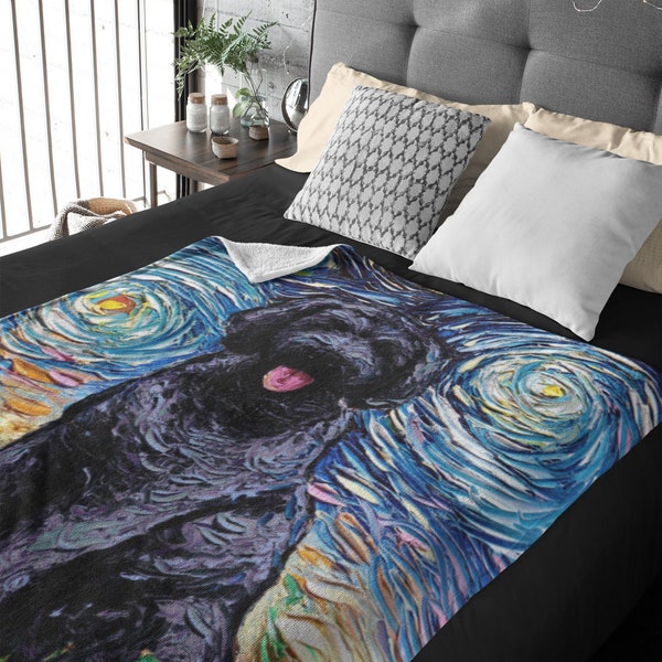Velveteen Minky Blanket - Black Goldendoodle Labradoodle Starry Night Dog Art By Aja Home Decor Choose from 3 sizes Free US Shipping