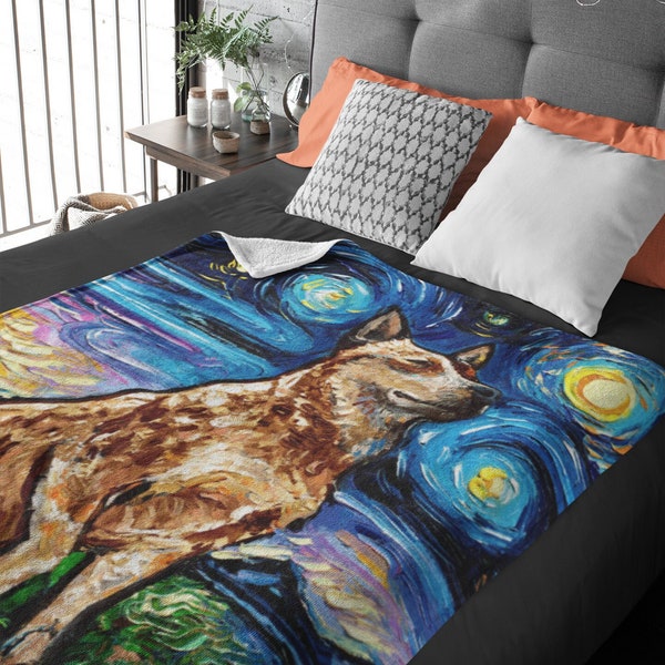 Velveteen Minky Blanket - Red Heeler Australian Cattle Dog Starry Night Dog Art By Aja Home Decor Choose from 3 sizes Free US Shipping