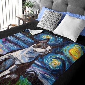 Velveteen Minky Blanket - Boston Terrier Starry Night Dog Art By Aja Home Decor Choose from 3 sizes Free US Shipping