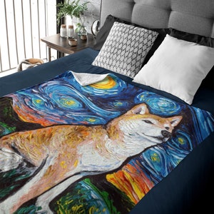 Velveteen Minky Blanket - Shiba Inu Facing Forward Starry Night Dog Art By Aja Home Decor Choose from 3 sizes Free US Shipping