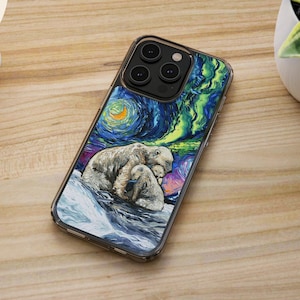 Sweet Polar Bear Family Aurora Northern Lights Arctic Colorful Samsung iPhone Case Art by Aja Animal Phone Protector