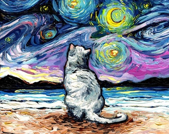 White Cat Starry Night Art Print, Beach Home Decor