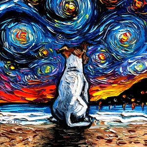 Jack Russell Terrier Back Seashore Coastal Art Starry Night Art Print dog picture by Aja choose size and Photo Paper or Watercolor Paper