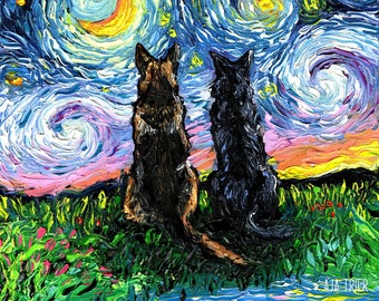 Soulmates two German Shepherd Dogs Starry Night Art Print picture by Aja choose size, Photo Paper Watercolor Paper artwork home decor Kids