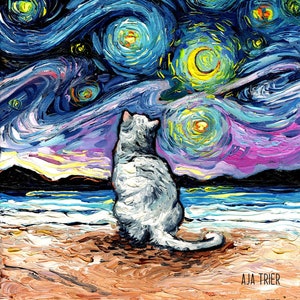 White Cat on the Beach Art CANVAS print Starry Night Ready to Hang wall decor artwork display by Aja animal home domestic shorthaired cat