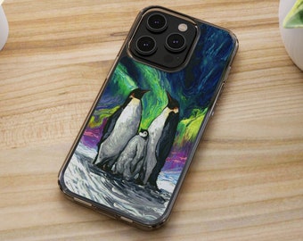 Penguin Family Watching Northern Lights Arctic Colorful Samsung iPhone Case Art by Aja Animal Phone Protector