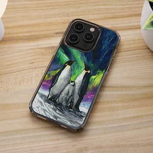 Penguin Family Watching Northern Lights Arctic Colorful Samsung iPhone Case Art by Aja Animal Phone Protector
