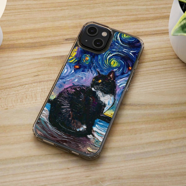 Tuxedo Cat on the Beach with Yellow Eyes Starry Night Samsung iPhone Case Art by Aja Animal Phone Protector