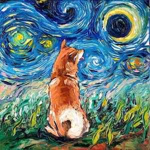 Shiba Inu Art Starry Night Art Print dog lover gift cute art by Aja pup puppy choose size and type of paper