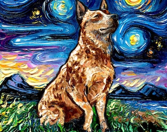 Red Heeler Starry Night - Australian Cattle Dog Art Print dog lover gift cute art by Aja pup puppy choose size and type of paper