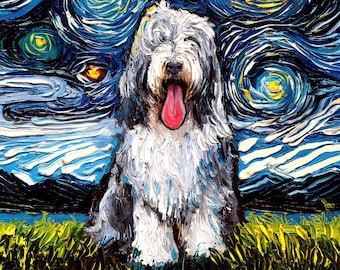 Bearded Collie Art Print, Starry Night Canvas Wall Decor
