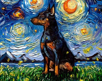 Miniature Pinscher Art Starry Night Art Print dog lover gift cute art by Aja Animal Moon choose size and type of paper Zwergpinscher Min Pin