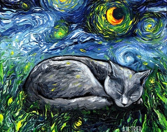 Sleeping Russian Blue Cat Starry Night Art Print picture by Aja choose size, Photo Paper Watercolor Paper artwork home decor pet kitty moon