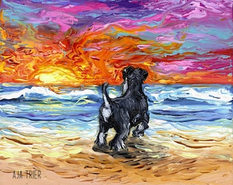 Beach Days - Schnauzer dog Art CANVAS print Ocean Sunset Ready to Hang wall decor artwork display by Aja canine animal home