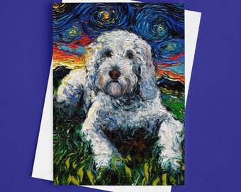 Folded Blank Greeting Cards - White Goldendoodle Starry Night 4.25x5.5 Inches With Envelopes Unique Stationary Packs Of 1,5,10, Or 25