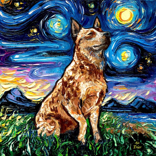 Red Heeler Starry Night - Australian Cattle Dog Art Print dog lover gift cute art by Aja pup puppy choose size and type of paper