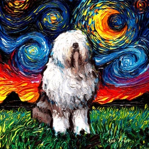 Old English Sheepdog Art CANVAS print Starry Night Ready to Hang wall decor artwork display by Aja animal home decoration