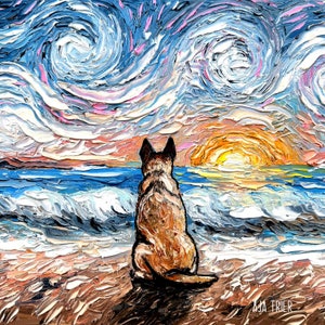 Beach Days Red Heeler Starry Night  Australian Cattle Dog Coastal Art Print dog lover gift cute art by Aja choose size and type of paper