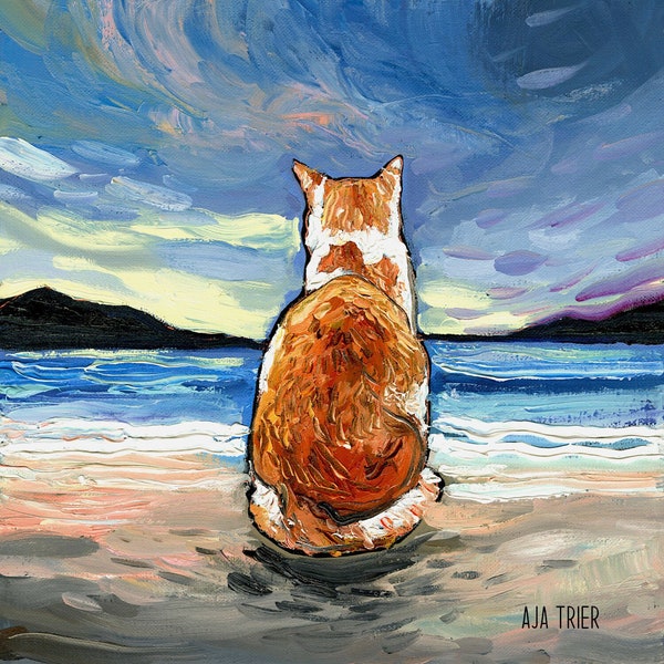Beach Days - Orange and White Tabby Cat Art Print picture by Aja choose size and type of paper - Photo Paper or Watercolor Paper