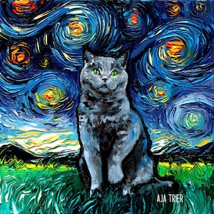 Green Eyed Blue British Shorthair Cat Art CANVAS print Starry Night Ready to Hang wall decor artwork display by Aja Animal Pet Gray kitty