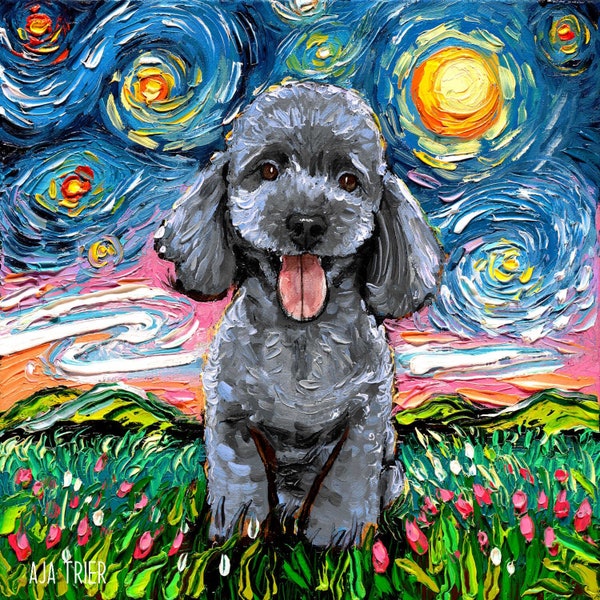 Silver Gray Poodle Puppy Starry Night Art Print dog lover gift cute art by Aja choose size and type of paper