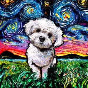 Maltipoo Art Starry Night Art Print dog lover gift cute art by Aja choose size and type of paper Maltese Poodle Mix image 1