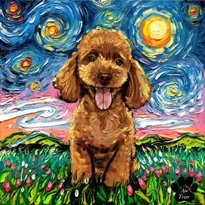 Apricot Poodle Puppy Starry Night Art Print dog lover gift cute art by Aja choose size and type of paper