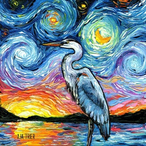 Blue Heron Bird Nature Starry Night Art Print picture by Aja choose size, Photo Paper Watercolor Paper artwork home decor