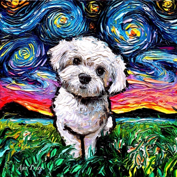 Maltipoo Art CANVAS print Starry Night Ready to Hang wall decor artwork display by Aja Maltese Poodle Mix