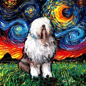 Old English Sheepdog Art Starry Night Art Print dog lover gift cute art by Aja choose size and type of paper