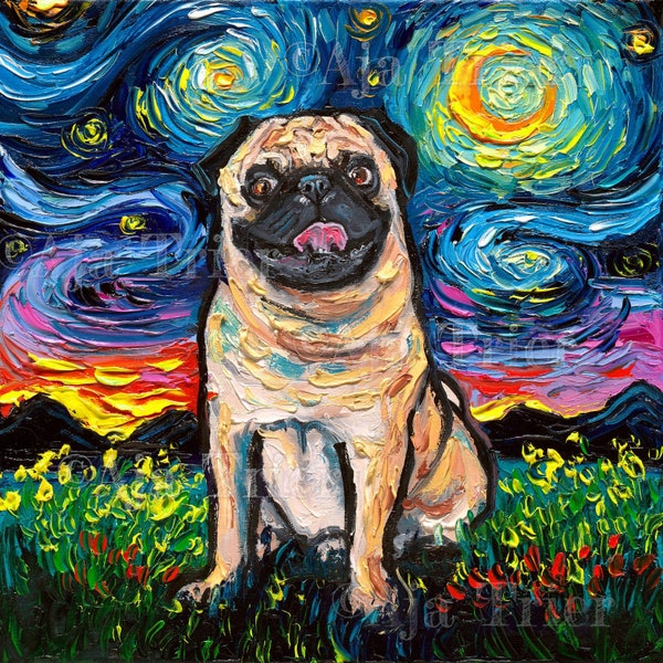 Happy Fawn Pug Starry Night Dog Art CANVAS print Ready to Hang wall artwork display by Aja Home Decor Cute pup