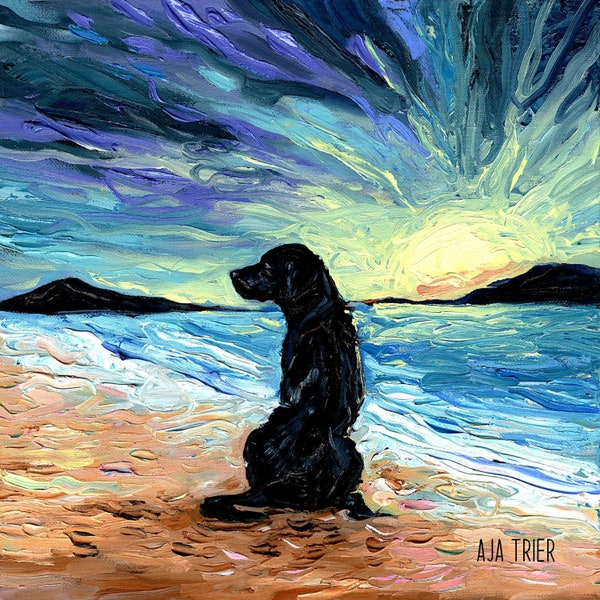 Beach Days - Black Labrador Art Print dog lover gift cute art by Aja pup Lab choose size and type of paper Ocean Sunset Coastal Decor