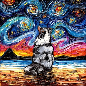 Merle Shetland Sheepdog Sheltie on Beach Art CANVAS print Starry Night Ready to Hang wall decor artwork display by Aja animal home