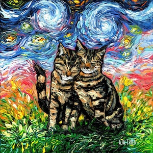 Two Cute Tabby Cats Starry Night Art Print picture by Aja choose size, Photo Paper Watercolor Paper artwork nursery children home decor