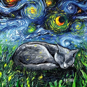 Sleeping Russian Blue Cat Starry Night Art Print picture by Aja choose size, Photo Paper Watercolor Paper artwork home decor pet kitty moon image 1