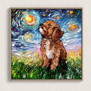 May include: A painting of a brown dog with white fur on its chest, looking up at a starry night sky with a bright yellow moon. The painting is done in a style reminiscent of Vincent van Gogh's Starry Night.
