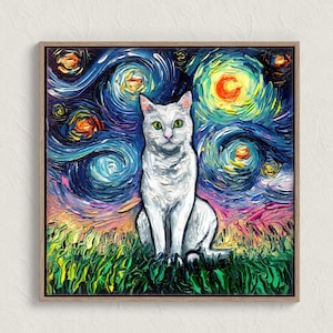 White Cat Starry Night Painting Print | Choose Eye Color of Cat | Cat Lover Gift | Starry Cat Print | Gallery Wall Art | Impressionist Cat