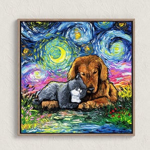 Cat and Dog Best Friends Starry Night Painting Print Impressionist Animal Wall Art Dog Lover Gift Gallery Wall Art Cat Mom Home Decor