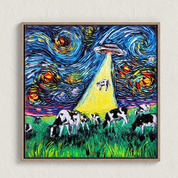 Cow Abduction Starry Night Print | Funny UFO Impressionist Art