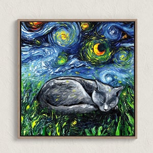 Cat Starry Night Painting Print Sleeping Blue Russian Cat Lover Gift Starry Night Cat Print Gallery Wall Art Original Cat Art by Aja NOT AI