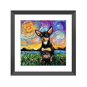 Framed Wall Art - Black And Tan Short Hair Chihuahua Starry Night Dog Print Ready To Hang, High Quality Wall Artwork Home Decor By Aja