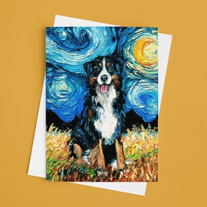 Folded Blank Greeting Cards - Bernese Mountain Dog Starry Night 4.25x5.5 Inches With Envelopes Stationary Packs Of 1,5,10, Or 25