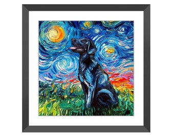 Framed Wall Art - Black Labrador Starry Night Dog Print Ready To Hang, High Quality Wall Artwork Home Decor By Aja Free US Shipping